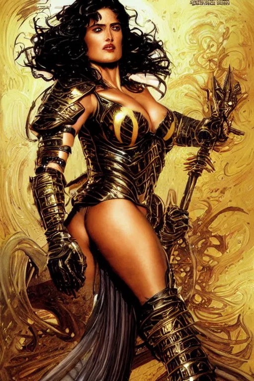 Prompt: muscular beautiful salma hayek wearing gold and black armor tombow artwork greg staples , dug stanat, norman rockwell , christophe young eytan zana , rumiko takahashi