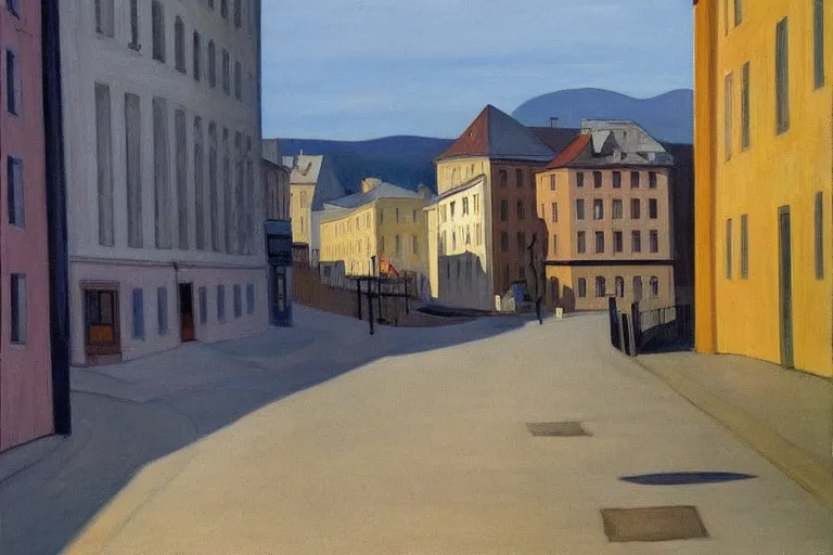 Image similar to the lonely streets of oslo, painting by edward hopper, award - winning, painting, calming, serene,