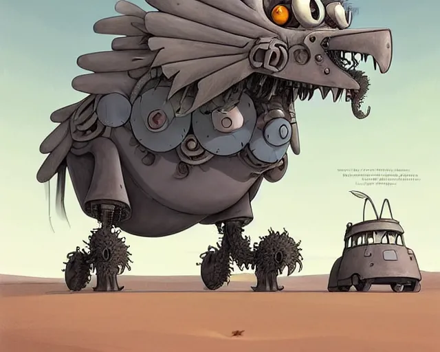 Image similar to a cell shaded cartoon grey lovecraftian mechanized griffon from howl's moving castle ( 2 0 0 4 ), with a big head, on a desert road, wide shot, in front of a big moon, muted colors, post grunge, josan gonzales, wlop, by james jean, victor ngai, hq, deviantart, art by artgem