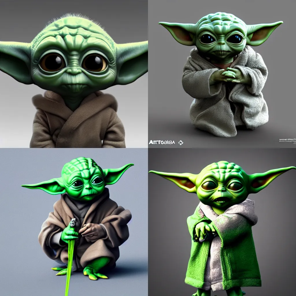 Prompt: Baby Yoda in style of Tim Burton, zbrush, hyper realistic, Unreal Engine 5, Artstation
