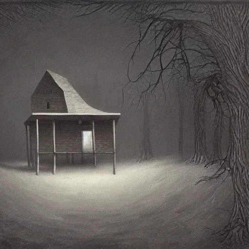 Prompt: a painting of a eerie cabin in the middle of the woods in the style of beksinski