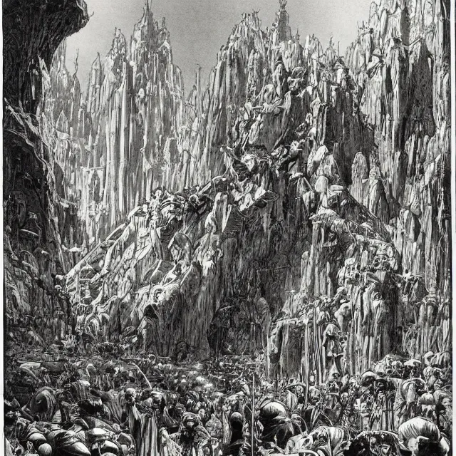 Image similar to artwork by Franklin Booth and Gustav Doré showing the fall of the city of Babylon