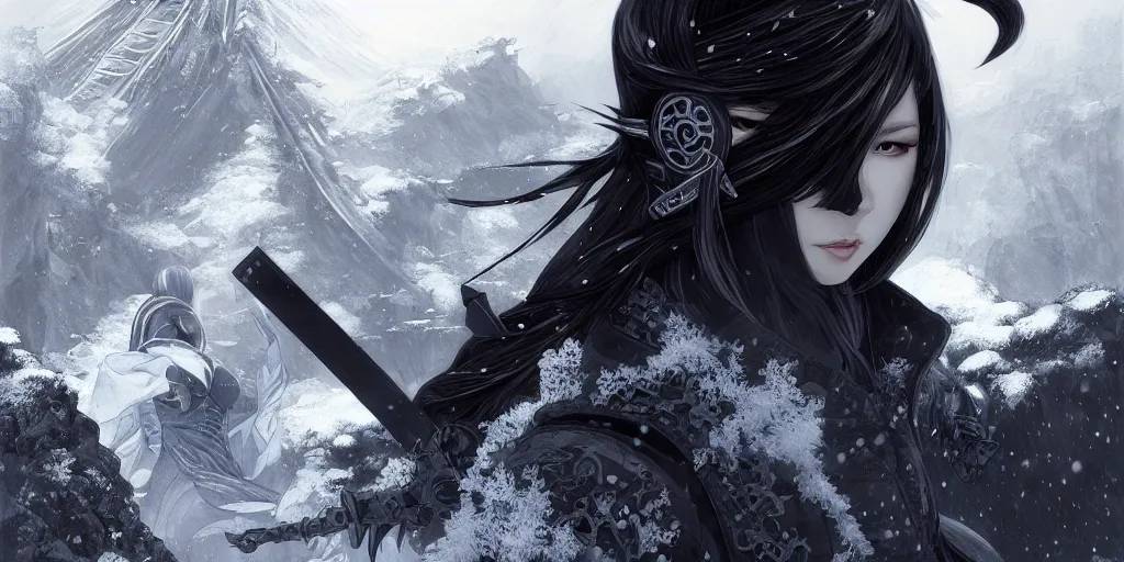 Image similar to portrait ninja gaiden girl, black plus white ninja wardrobe, at snowy fuji mountain sunrise, ssci - fi and fantasy, intricate and very very beautiful, detailed, digital painting, artstation, concept art, smooth and sharp focus, illustration, art by tian zi and wlop and alphonse mucha