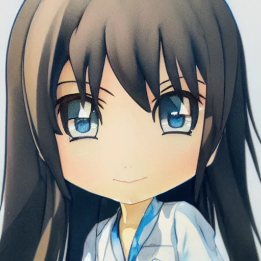 Image similar to beautiful water color concept art of face detailing cute nendoroid girl in the style of japanese animation , toon rendering, close-up, flat, lacking in three-dimensionality