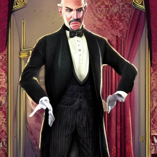 Prompt: older fantasy butler that looks similar to michael kane, full body portrait, handsome, 4 k, tarot card style, balding, well dressed, pet rat on shoulder