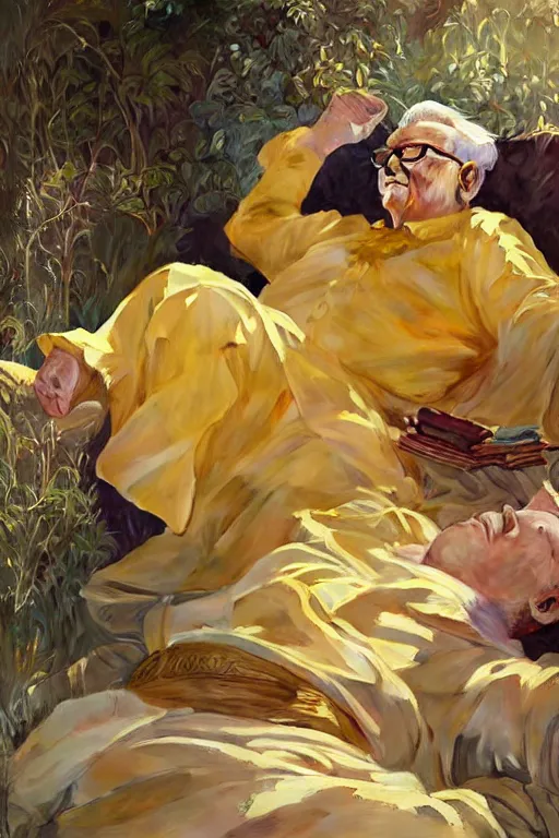 Image similar to warren buffet godly clothes meditating in the sun, yellow lighting ultra realistic photorealistic highly detailed high quality, a stunningly, digital painting, artstation, concept art, smooth, sharp focus, illustration, art by artgerm and greg rutkowski and alphonse mucha 8 k