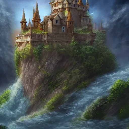 Image similar to a flyinf castle above the sky with rivers flowing down, trending on artstation, digital fantasy painting, high detail, hd, 4k, 8k full res