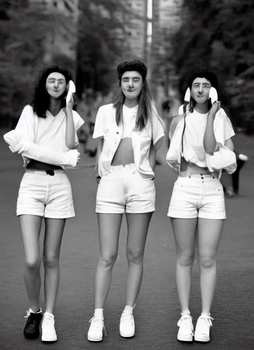 Prompt: realistic photo portrait of the university students wearing white shorts, dressed in white spherical helmets, fashion catwalk 1 9 9 0, life magazine reportage photo