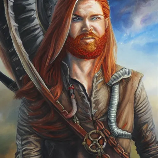 Image similar to an epic fantasy comic book style portrait painting of a long haired, red headed male sky - pirate in front of an airship in the style of ed binkley