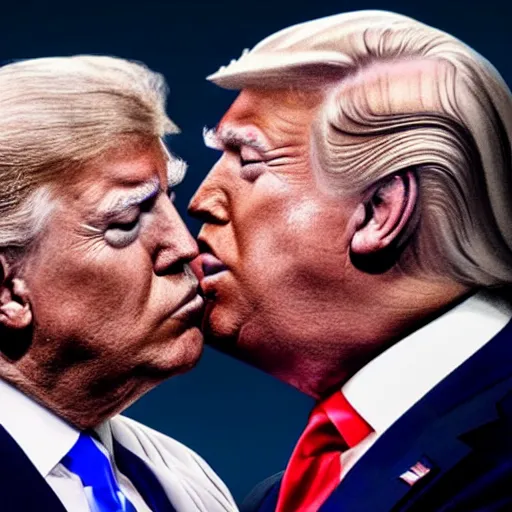 Image similar to joe biden and donald trump kissing, 2 0 2 4 presidential debate, photorealistic rendering. artstation, 4 k, hyperrealism