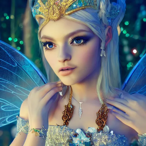 Image similar to portrait of fairy princess, glowing, ornate and intricate jewelry, jaw dropping beauty, glowing background lighting, white accent lighting, hyper detailed, fairy tale, 4 k octane render