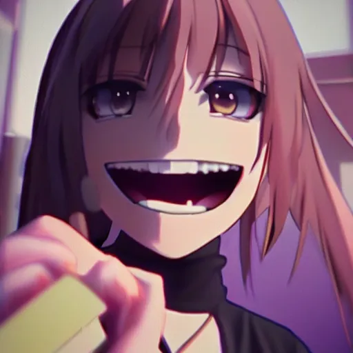 Image similar to grainy cheap nokia mobile phone footage of an anime girl spotted in real life, off center, at an angle, found footage, small filesize, jpeg artifacting and ringing, noisy and blurry, creepy uncanny valley, smiling