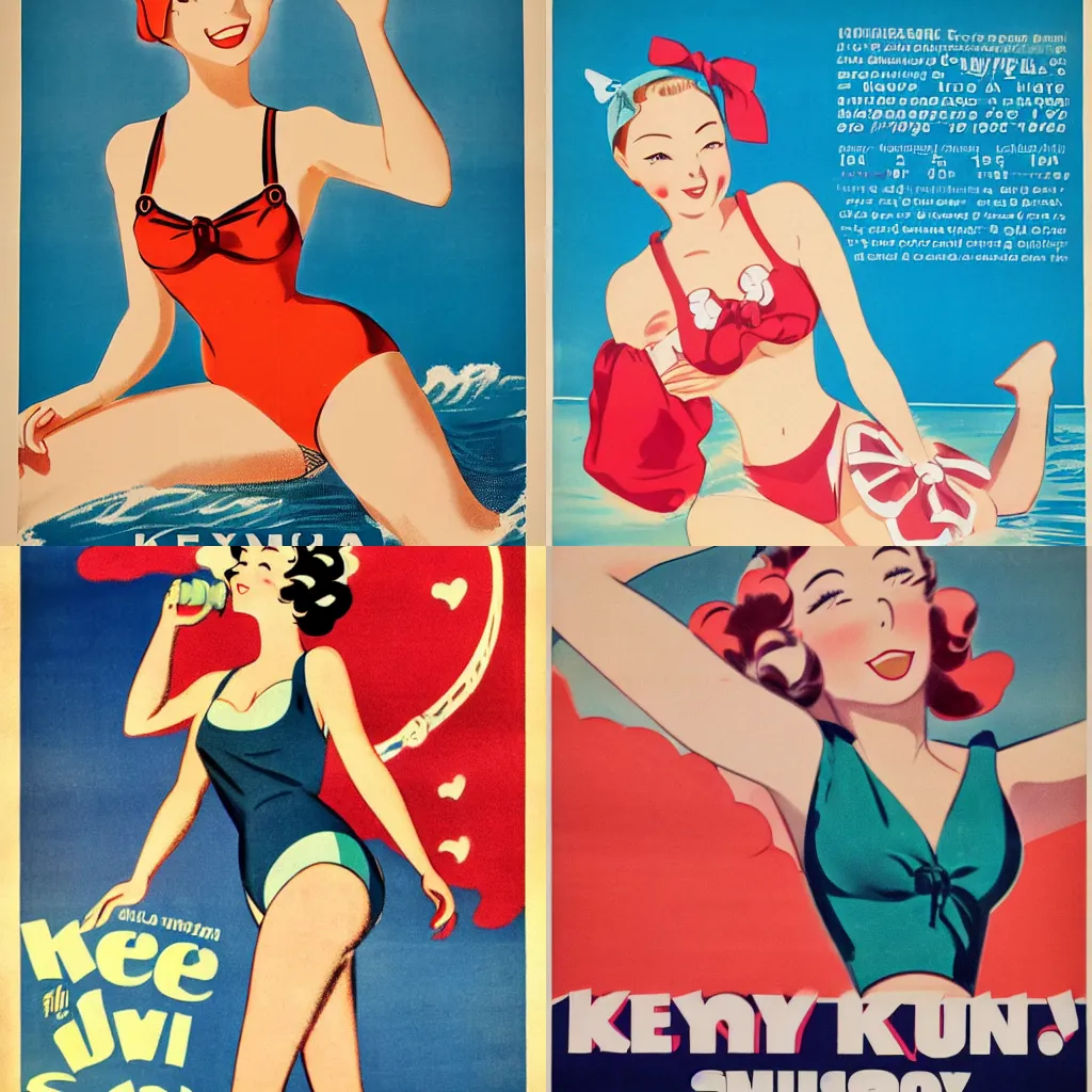 Prompt: 1940s american poster advertising key visual of cute kawaii girl wearing swimwear