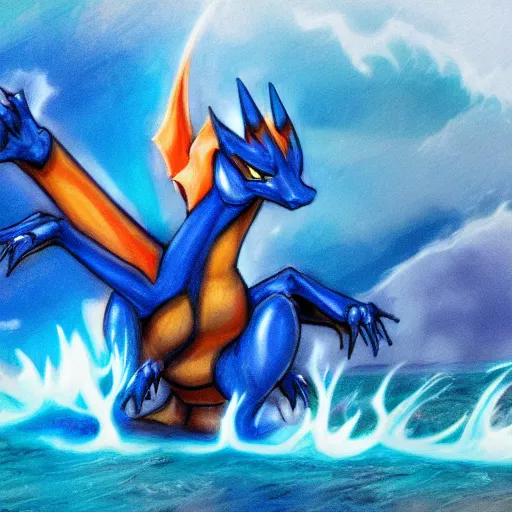 Prompt: a blue Charizard with water powers,realistic,ocean background