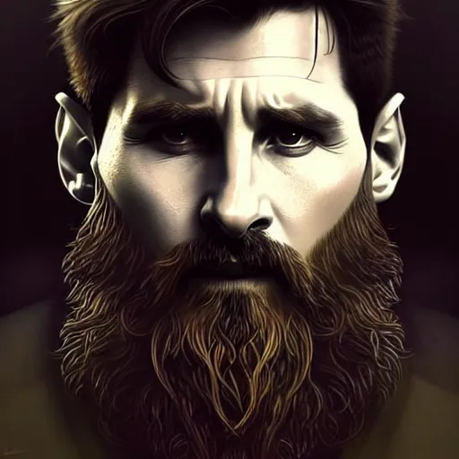 Image similar to Messi with a majestic beard, closeup, D&D, fantasy, intricate, elegant, highly detailed, digital painting, artstation, concept art, matte, sharp focus, illustration, art by Artgerm and Greg Rutkowski and Alphonse Mucha