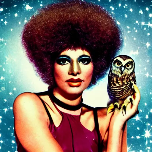 Image similar to 1 9 7 0 s disco era glamour shot of an owl with an afro