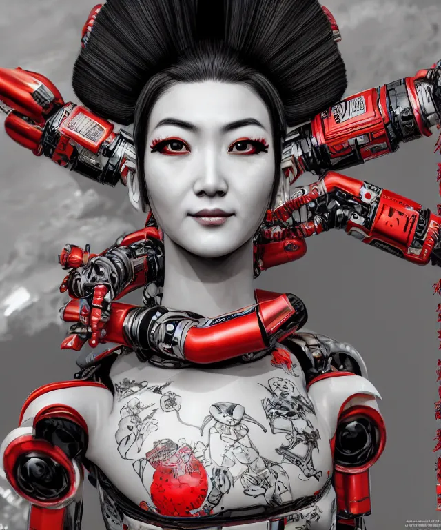 Image similar to an epic fantastic realism comic book style portrait painting of a japanese robotic geisha with kanji tattoos and decals, apex legends, octane render, intricate detail, 4 k hd, unreal engine 5