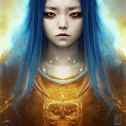 Prompt: rimuru tempest from tensura on the da vinci mayan calendar, with amber eyes of golden colored eyes, straight hair, sky blue hair, long bangs, high collar, concept art, award winning photography, digital painting, cinematic, wlop, 8 k, by ross tran, tom bagshaw, andy warhol