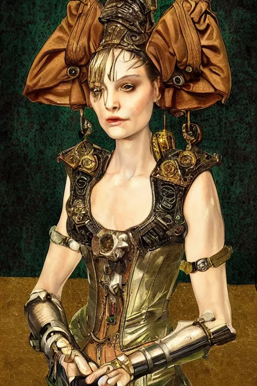 Prompt: portrait, headshot, digital painting, of a old 17th century, beautiful lady cyborg merchant, amber jewels, dark green satin dress, implants, baroque, ornate clothing, scifi, futuristic, realistic, hyperdetailed, chiaroscuro, concept art, art by waterhouse and witkacy