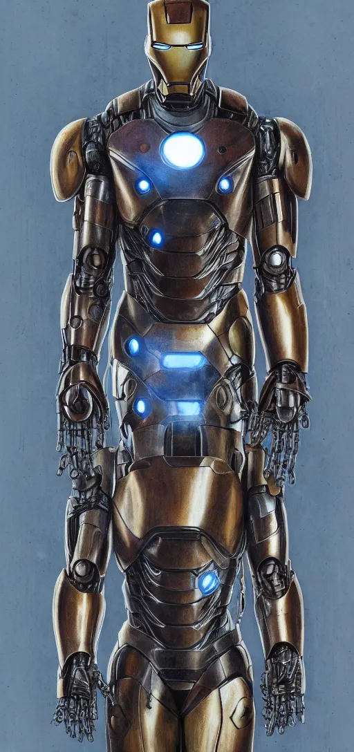 Image similar to steampunk, H.R. Giger design of Iron Man, full body and head, drawing on pencil, ornate, details, smooth, sharp focus, illustration, realistic, cinematic, artstation, award winning, rgb, ethereal blue lighting, 8K,