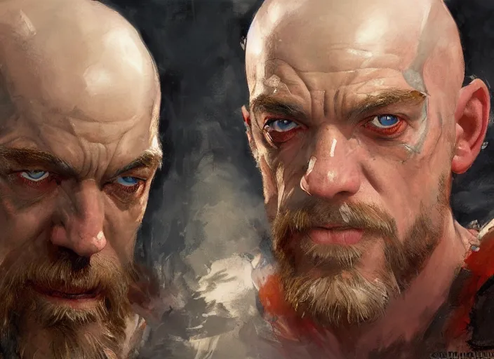 Prompt: a highly detailed beautiful portrait of j. k. simmons as kratos, by gregory manchess, james gurney, james jean