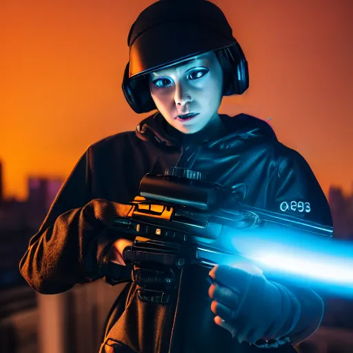 Prompt: photographic portrait of a techwear woman holding a shotgun, closeup, on the rooftop of a futuristic city at night, sigma 85mm f/1.4, 4k, depth of field, high resolution, 4k, 8k, hd, full color