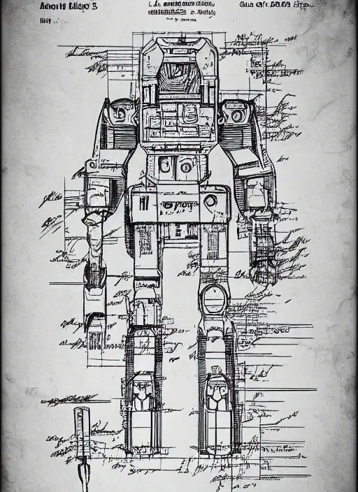 Image similar to battletech mech with axe for a hand cross - section blueprints by thomas hubert. in the style of a 1 9 0 3 patent design diagram