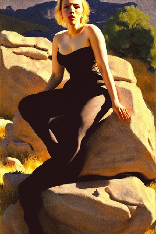 Image similar to portrait of scarlett johansson sitting with full face full figure on a rock near some ruins, in the style of expressionism, soft light, volumetric light, subsurface scattering, translucent skin, john singer sargent