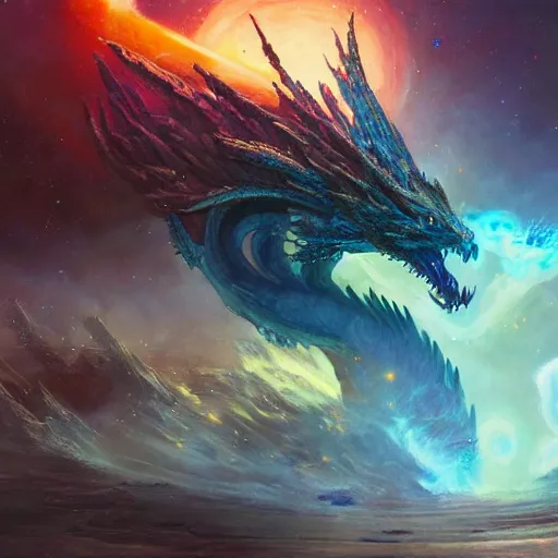 Prompt: prompt crystalline blue dragon devouring a planet, space, planets, moons, sun system, nebula, oil painting, by Fernanda Suarez and and Edgar Maxence and greg rutkowski