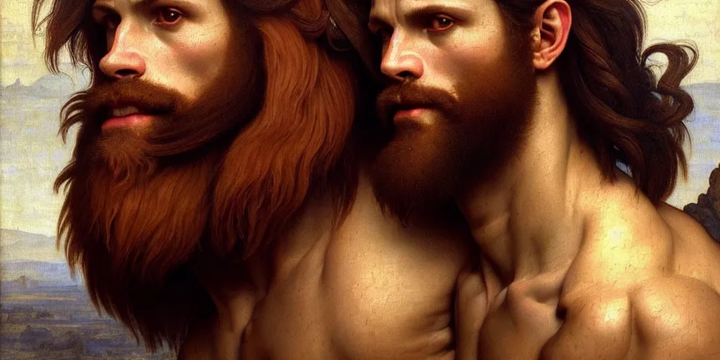 Image similar to renaissance painting upper body portrait of a gruff man, a ranger with a maned lion, lean and toned, handsome face, hairy chest, intricate, elegant, highly detailed, digital painting, artstation, concept art, matte, sharp focus, illustration, art by da Vinci, Artgerm and Greg Rutkowski and Alphonse Mucha