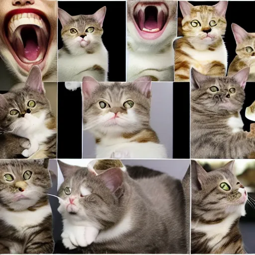 Image similar to a cat laughing from multiple angles collage photo, meme format,