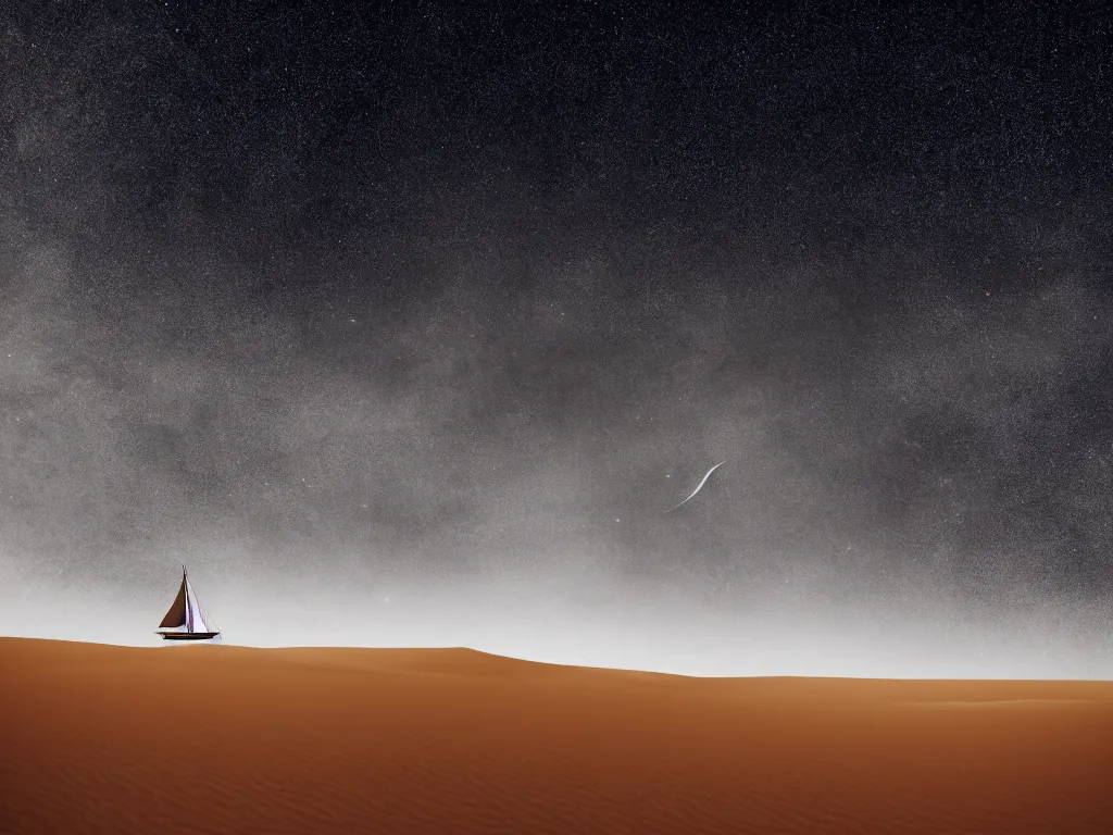 Prompt: cinematic, film grain, photography, epic composition, realistic, 3 5 mm, a small sailboat sailing in the a sandstorm, in the sahara desert, midnight, starry sky, shooting stars, octane rendering, 8 k, epic lighting