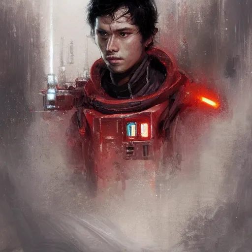 Image similar to portrait of a man by greg rutkowski, mixture between russian and japanese, black messy hair, star wars expanded universe, he is about 2 0 years old, wearing red tactical gear of the galactic triunvirate, highly detailed portrait, digital painting, artstation, concept art, smooth, sharp foccus ilustration, artstation hq