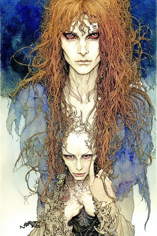 Image similar to a realistic and atmospheric watercolour fantasy character concept art portrait of a female necromancer looking at the camera with an intense gaze by rebecca guay, michael kaluta, charles vess and jean moebius giraud