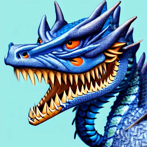 Image similar to highly detailed portrait of a blue dragon with a white lower jaw and orange eyes