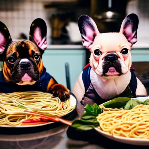 Prompt: a 8k highly detailed still photo by Anne Geddes of Two multi-colored French Bulldogs in chef hats and aprons starring on a cooking show, a plate of spaghetti is prepared, a high end restaurant kitchen in the background, bokeh