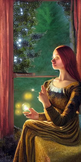 Prompt: an amazed young woman looking at golden firefly lights in a mesmerizing scene, sitting amidst nature fully covered, intricate detailed dress, long loose red hair, precise linework, accurate green eyes, small nose with freckles, smooth oval head, empathic, expressive emotions, hyper realistic ultrafine portrait by artemisia gentileschi, jessica rossier, artgerm
