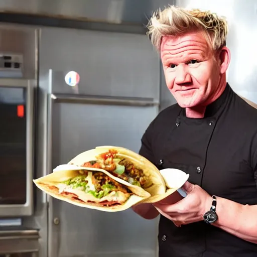 Image similar to Gordon Ramsay eating an absurd amount of Taco Bell