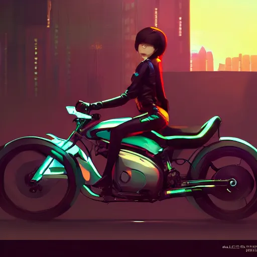 Image similar to Walter white cyberpunk girl sitting on a motorcycle, mattepainting concept pixar maya engine on stylized background splash comics global illumination lighting artstation lois van baarle, ilya kuvshinov, rossdraws