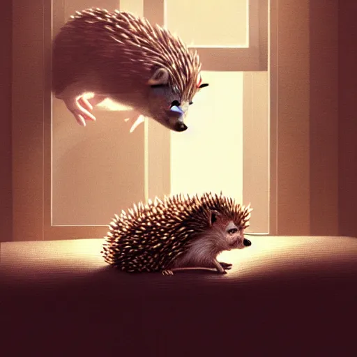 Image similar to photorealistic render of a hedgehog going to bed in the evening, by wlop, artgerm, greg rutkowski, alphonse mucha, beautiful dynamic dramatic dark moody lighting, shadows, cinematic atmosphere, artstation, concept design art, octane render, 8 k