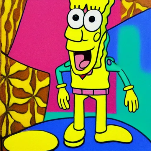 Prompt: an acrylic painting of SpongeBob by KAWS, wild brush strokes, beautiful gradients, mixed media, award winning painter, symmetrical design 8k painted by KAWS