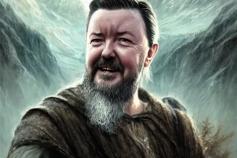 Image similar to closeup portrait of a ricky gervais as an elder wizard, lord of the rings, dramatic light, gorgeous view, depth, high detail, digital art, painted by greg rutkowski and seb mckinnon, by marguerite anderson, trending on artstation