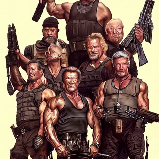 Image similar to A group photo of the cast of Expendables but it's all Arnold Schwarzenegger, western, D&D, fantasy, intricate, elegant, highly detailed, digital painting, artstation, concept art, matte, sharp focus, illustration, art by Artgerm and Greg Rutkowski and Alphonse Mucha