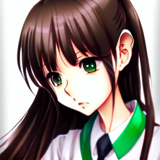 Prompt: beautiful anime high school girl, complete body view, brown hair, ponytail, white ribbon, green eyes, full perfect face, slightly smiling, detailed school background, drawn by Artgerm, Sasoura, Satchely, no distorsion