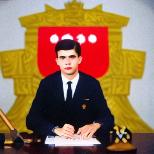 Image similar to A young man in a suit sits at a table , coat of arms of USSR with hammer and sickle in background, bokeh, cinestill, fine details