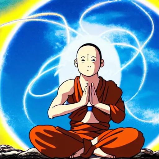 Prompt: illustration of a levitating monk meditating within the centre of a giant swirling atom, studio ghibli, ultra hd