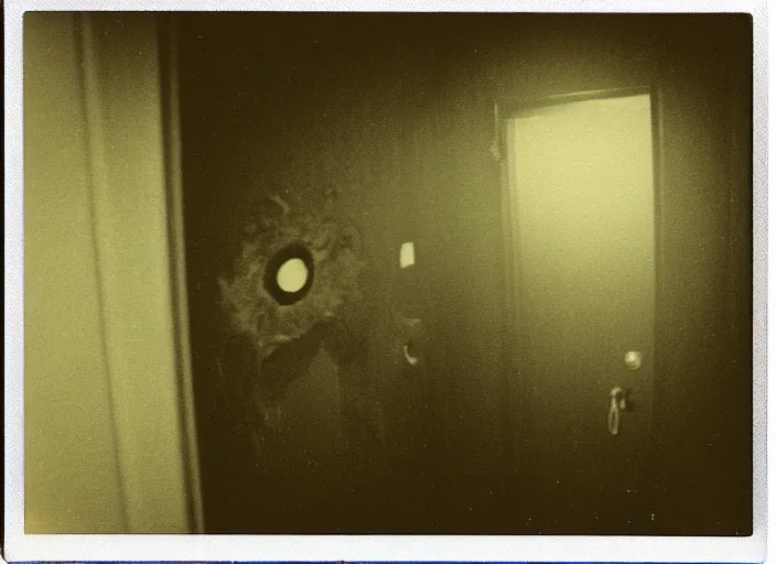 Prompt: polaroid of a creepy smiling inter - dimensional cryptid monster creature in style of silent hill, ufo archives, peeking into my childhood bedroom door