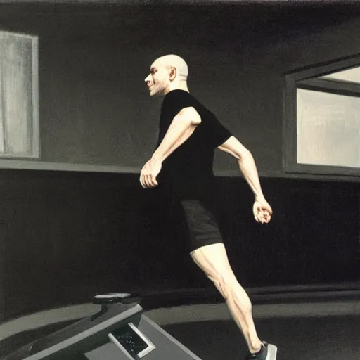 Prompt: an attractive man in a black t-shirt and wearing a black baseball cap running on a treadmill in a gym by Edward Hopper