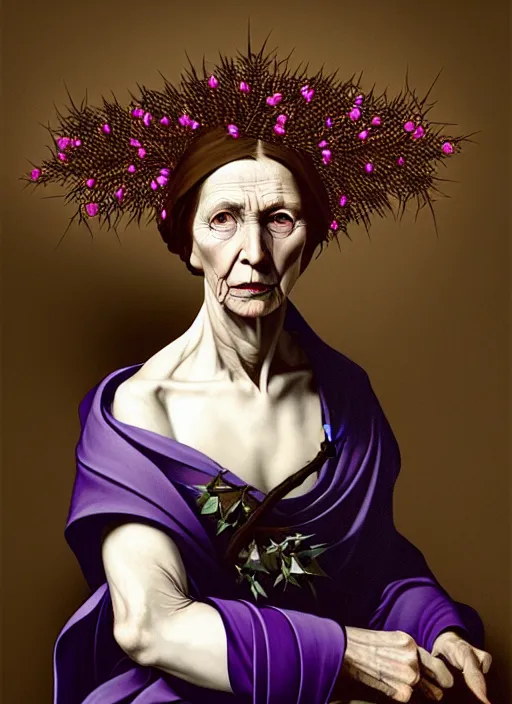 Prompt: portrait of a old year woman with a wreath of thorns a dress of bones and piony snake smoke, purple colour scheme, full length, masterpiece, dark background, art by caravaggio, artstation