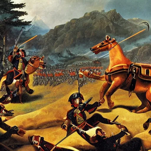 Prompt: napoleon bonaparte protecting a red panda at the battle field while under fire, an army in the background, ultra detailed, realistic,